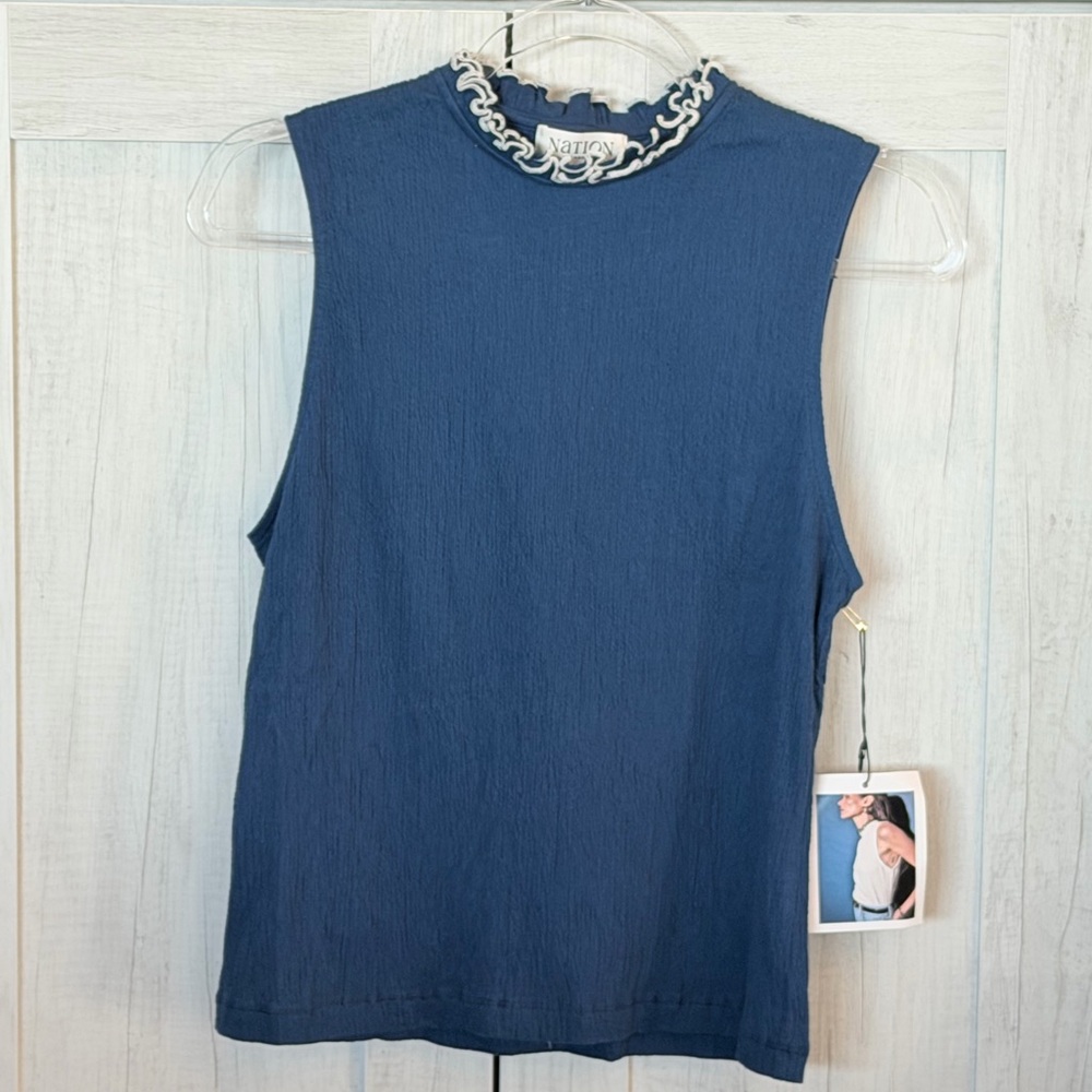 Nation LTD Navy Mock Neck Tank with Contrast Ruffle